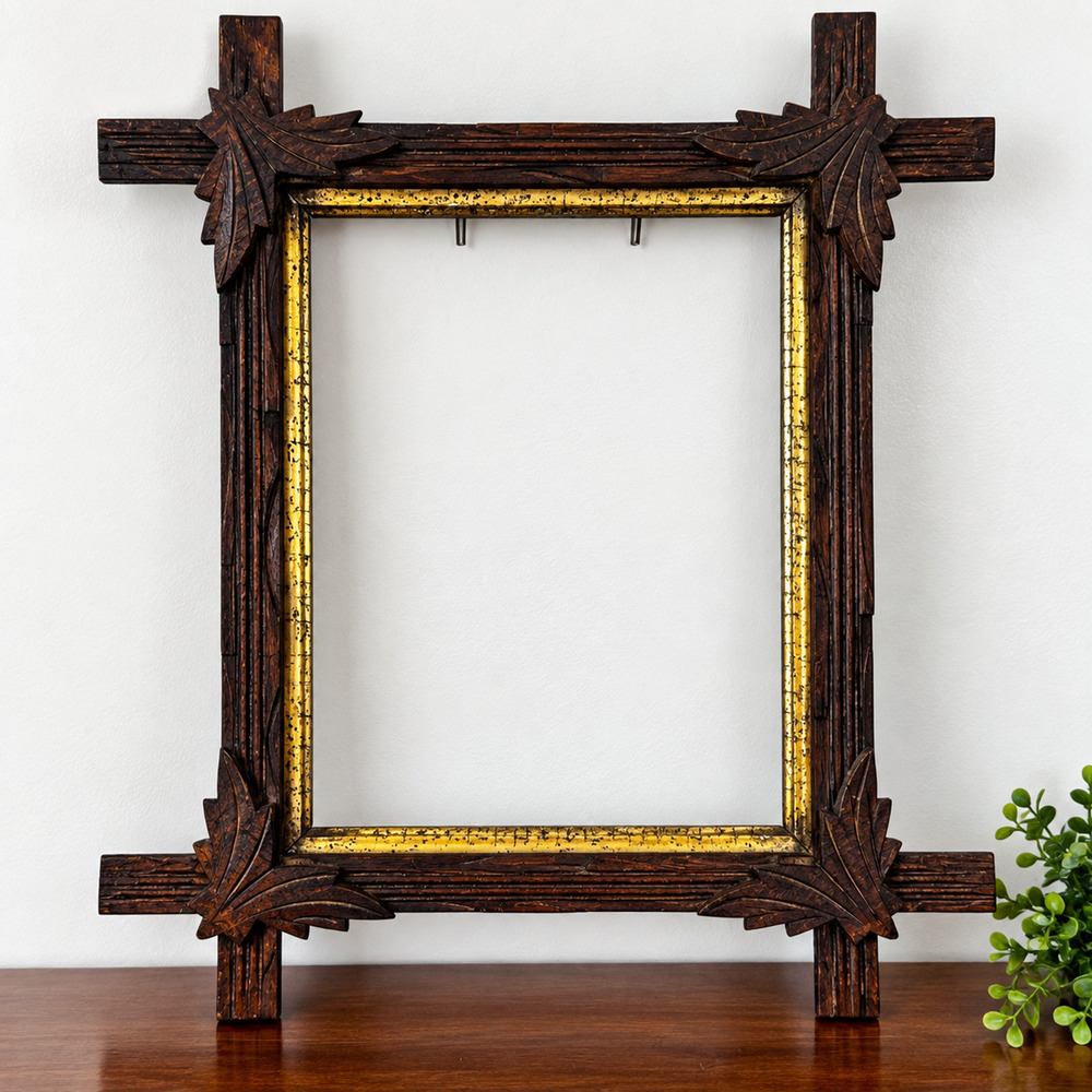 Antique Adirondack Hand Carved Solid Wood Frame Fits 8x10 Gilt Liner Tramp Art